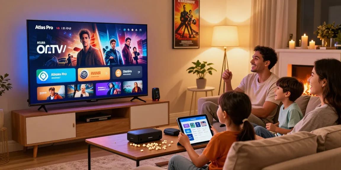Famille profitant d'Atlas pro sur Smart TV dans un salon cosy