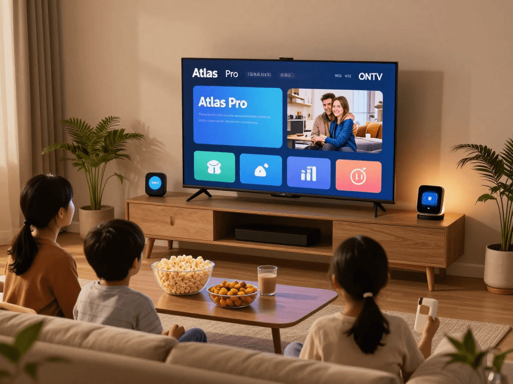 Profitez de nombreuses chaînes avec Atlas Pro ONTV en famille dans un salon moderne