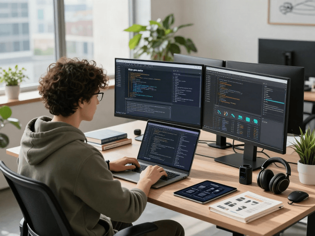 Développeur utilisant Atlas pro ontv dans un bureau moderne, entouré de technologie.