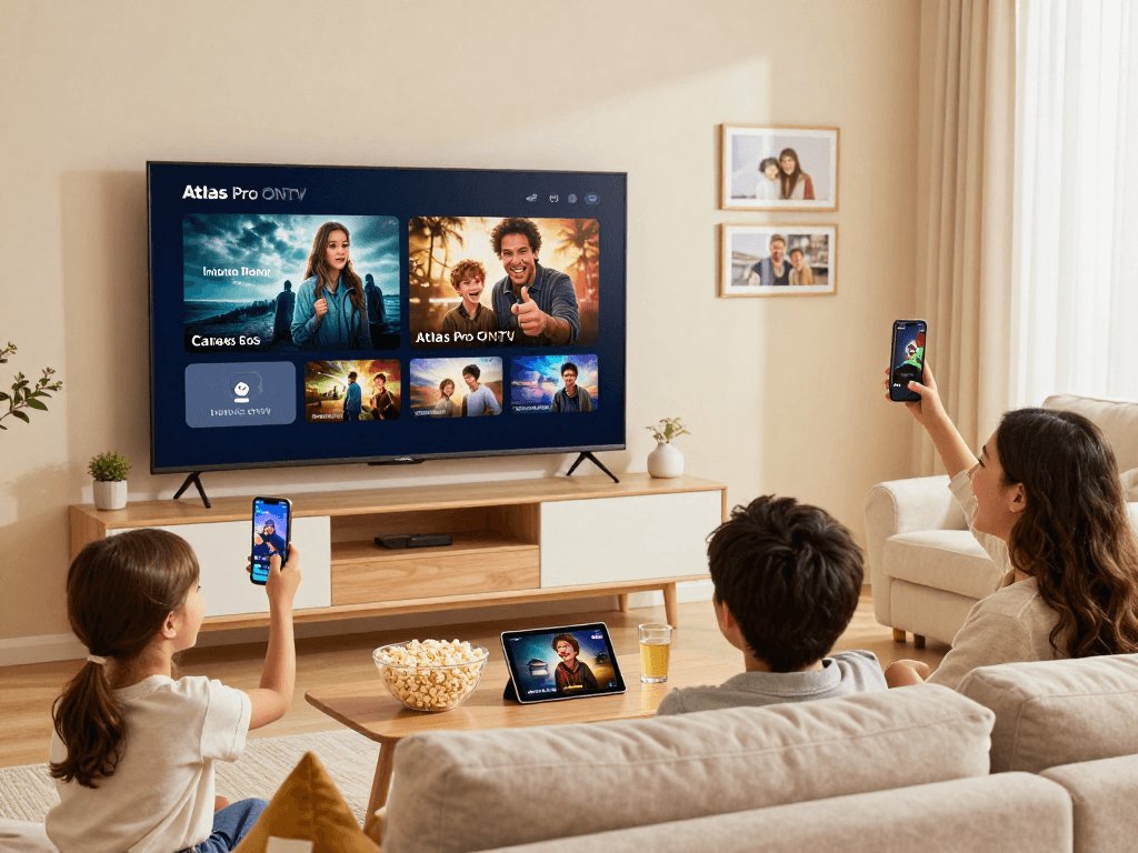 Profitez d'Atlas Pro ONTV dans un salon convivial, famille regardant des films en streaming.