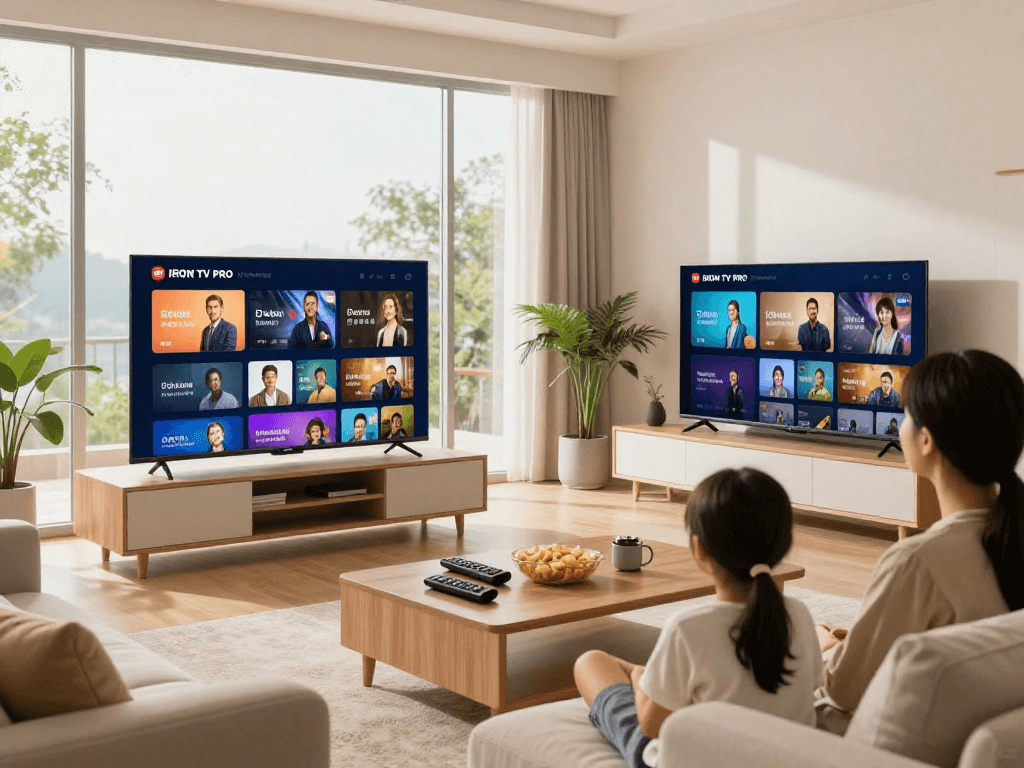 Profitez d'IRON TV PRO sur deux écrans dans un salon moderne et accueillant.
