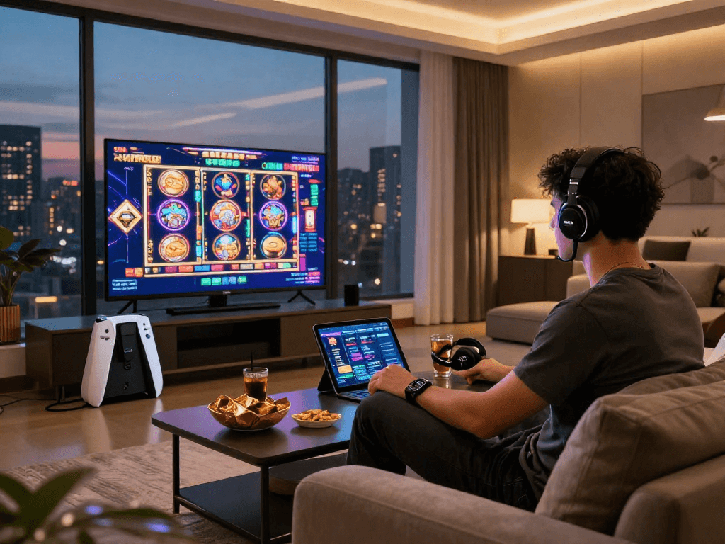 Expérience de casino en ligne avec un joueur élégant profitant de jeux sur un grand écran dans un salon moderne