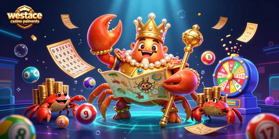 westace casino paiements - Mise en scène dynamique d'un crabe doré animé au casino avec des éléments de loterie et de bingo